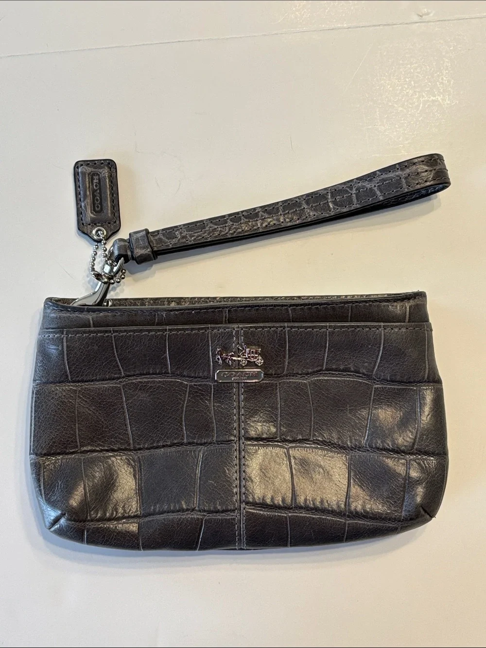 Coach Grey Madison Leather Embossed Croc Zip Wristlet